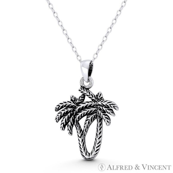 Tropical Coconut Palm Tree Boho Beachbum Pendant in Oxidized 925 Sterling Silver - Picture 1 of 1